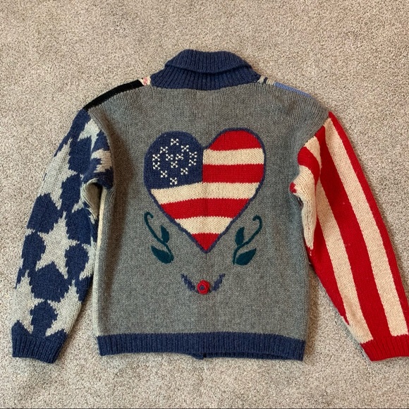 THE EAGLES EYE Vintage PATCHWORK Button Front COUNTRY WOOL Cardigan SWEATER  L - Picture 3 of 5